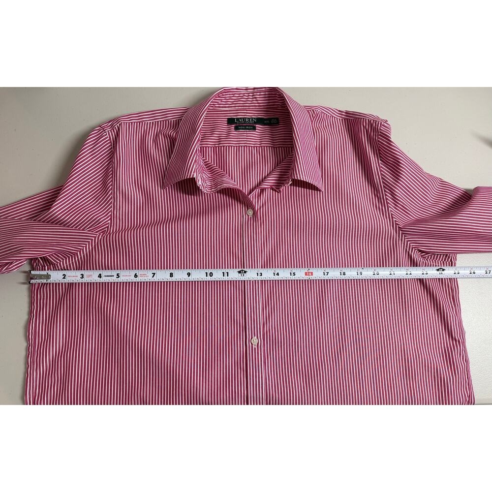 Lauren Ralph Lauren Non Iron Striped Button Up Top XXL Cotton Dark Pink White - Picture 8 of 10